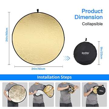 Godox 23”/60cm Light Reflector Diffuser,5-in-1 Portable Collapsible Round Multi Disc with Holder Clip & Bag for Studio Shooting,Video Location,Portrait Photography-Gold,Silver,White,Black,Translucent