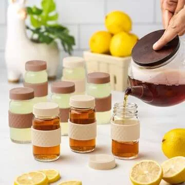 Juice Shot Containers, Glass, Clear, 2oz, Colored Lids & Silicone Grip Bands, Beverage Storage, Juicing, Ginger & Turmeric Bottles