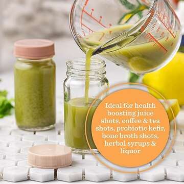 Juice Shot Containers, Glass, Clear, 2oz, Colored Lids & Silicone Grip Bands, Beverage Storage, Juicing, Ginger & Turmeric Bottles