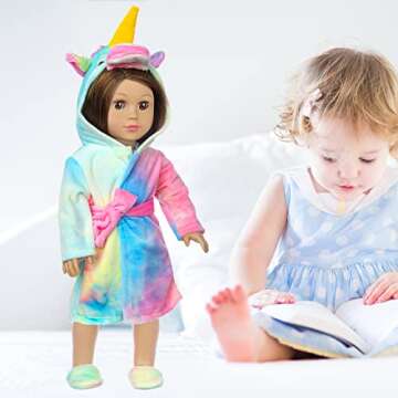 XFEYUE American 18 inch Doll Clothes and Sleeping Bag Set - Rainbow Unicorn Doll Costume with Unicorn Style Sleeping Bag, Pillow, Eye Mask Slumber Party Accessories