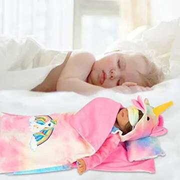 XFEYUE American 18 inch Doll Clothes and Sleeping Bag Set - Rainbow Unicorn Doll Costume with Unicorn Style Sleeping Bag, Pillow, Eye Mask Slumber Party Accessories