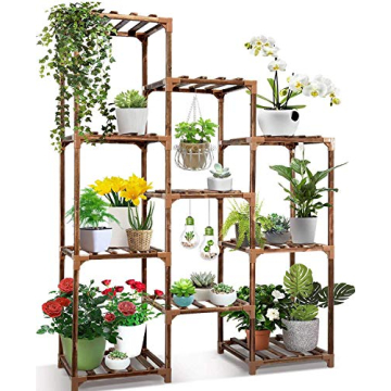 CFMOUR Plant Stand: Durable Natural Wood, 10 Tier Flower Shelf for Indoor and Outdoor Use