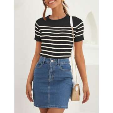 ZESICA Women's Short Sleeve Crewneck Striped T Shirt Summer Ribbed Knit Slim Fit Casual Basic Tee To...