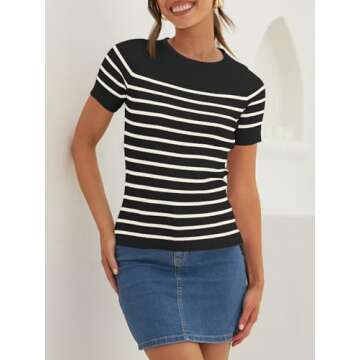 ZESICA Women's Short Sleeve Crewneck Striped T Shirt Summer Ribbed Knit Slim Fit Casual Basic Tee Tops,Black,Small