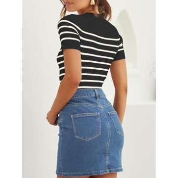 ZESICA Women's Short Sleeve Crewneck Striped T Shirt Summer Ribbed Knit Slim Fit Casual Basic Tee Tops,Black,Small