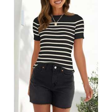 ZESICA Women's Short Sleeve Crewneck Striped T Shirt Summer Ribbed Knit Slim Fit Casual Basic Tee Tops,Black,Small