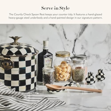 MACKENZIE-CHILDS Enamel Spoon Rest, Kitchen Utensil Rest and Spoon Holder, Kitchen Decor, Black-and-White Courtly Check