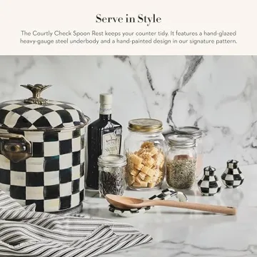 MACKENZIE-CHILDS Enamel Spoon Rest, Kitchen Utensil Rest and Spoon Holder, Kitchen Decor, Black-and-White Courtly Check