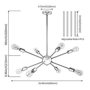 SaiPIS Black Sputnik Chandeliers 8 Lights, Modern Sputnik Flush Mount Ceiling Light Fixture, Industrial Vintage Retro Pendant Hanging Lights for Kitchen Living Room Dining Bedroom Corridor