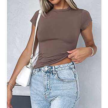 BAIGRAM AKLOPVII Women’s Basic Slim fit Crop Top Tee Shirt Short Sleeve Workout Round Neck Cropped Tshirt Brown