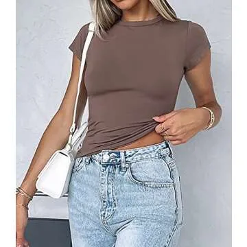 BAIGRAM AKLOPVII Women’s Basic Slim fit Crop Top Tee Shirt Short Sleeve Workout Round Neck Cropped Tshirt Brown