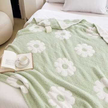 NIDITW Ultra Soft Cozy Green Plants Sunflower Throw Blanket Microfiber Flowers Daisy Knitted Blanket Lightweight Fluffy Fleece Blanket for Home Sofa Couch 50x60 Inches (Light Green)