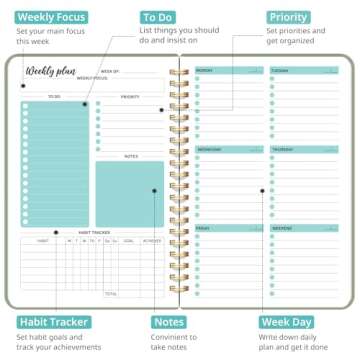 Undated Weekly Planner, Weekly To Do List Notebook with Goal & Habit Tracker Organizer, A5 Weekly Pl...