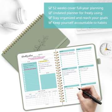 Undated Weekly Planner, Weekly To Do List Notebook with Goal & Habit Tracker Organizer, A5 Weekly Planner Notebook with Spiral Binding, 6.1" x 8.2" - Green