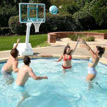 Dunn-Rite Splash and Slam Clear Poolside Fillable Base Basketball Hoop w/Ball, Adjustable Height 18 Inch Stainless Steel Rim, Water-Filled to 500lbs, State-of-The-Art Clear Backboard
