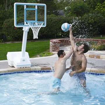 Dunn-Rite Splash and Slam Clear Poolside Fillable Base Basketball Hoop w/Ball, Adjustable Height 18 Inch Stainless Steel Rim, Water-Filled to 500lbs, State-of-The-Art Clear Backboard