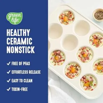 GreenLife 12-Cup Muffin Pan, Healthy Ceramic Nonstick Bakeware, PFOA & PFAS-Free Cupcake Sheet, Dura...