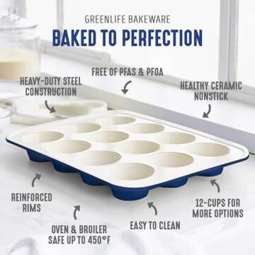 GreenLife 12-Cup Muffin Pan, Healthy Ceramic Nonstick Bakeware, PFOA & PFAS-Free Cupcake Sheet, Durable Baking Tray, Versatile Kitchen Essentials, Easy Clean Muffin Mold, Nonstick Baking Pan, Blue
