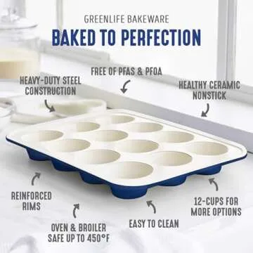 GreenLife 12-Cup Muffin Pan, Healthy Ceramic Nonstick Bakeware, PFOA & PFAS-Free Cupcake Sheet, Durable Baking Tray, Versatile Kitchen Essentials, Easy Clean Muffin Mold, Nonstick Baking Pan, Blue