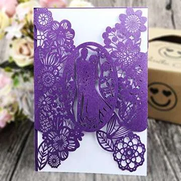 FOMTOR Laser Cut Wedding Invitations 40 Pack, Elegant Purple Kit with Envelopes and Printable Paper