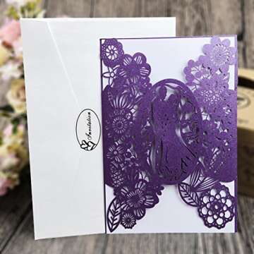FOMTOR Laser Cut Wedding Invitations 40 pack, Laser Cut Wedding Invitation Card Kit with Blank Printable Papers and Envelopes Purple