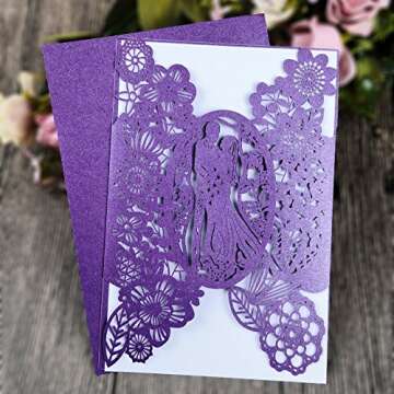 FOMTOR Laser Cut Wedding Invitations 40 pack, Laser Cut Wedding Invitation Card Kit with Blank Printable Papers and Envelopes Purple