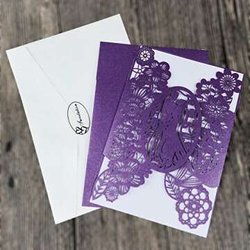FOMTOR Laser Cut Wedding Invitations 40 pack, Laser Cut Wedding Invitation Card Kit with Blank Printable Papers and Envelopes Purple