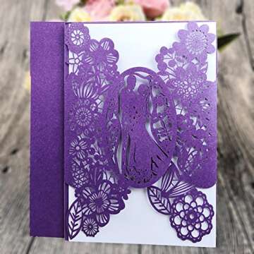 FOMTOR Laser Cut Wedding Invitations 40 pack, Laser Cut Wedding Invitation Card Kit with Blank Printable Papers and Envelopes Purple