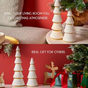 WONDROUS' DECO Tabletop White Christmas Tree Figurine, Artificial Wooden Christmas Tree Decorations Set of 2, Vintage Christmas Tree Gold Decor for Tables Centerpiece Home Farmhouse Mantel