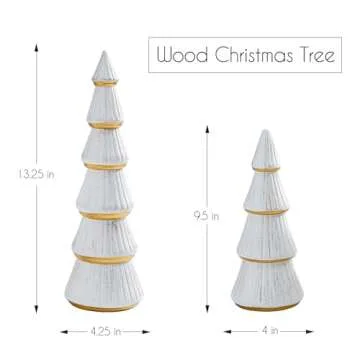 WONDROUS' DECO Tabletop White Christmas Tree Figurine, Artificial Wooden Christmas Tree Decorations Set of 2, Vintage Christmas Tree Gold Decor for Tables Centerpiece Home Farmhouse Mantel