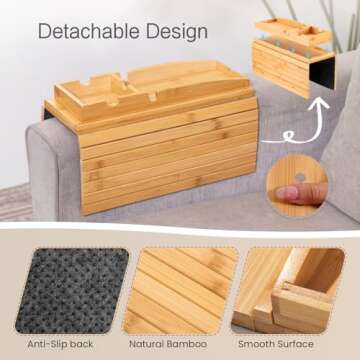 Bamboo Couch Arm Tray Table | 2-in-1 Detachable Sofa Tray with Slidable Cup Holder | Compact and Fol...