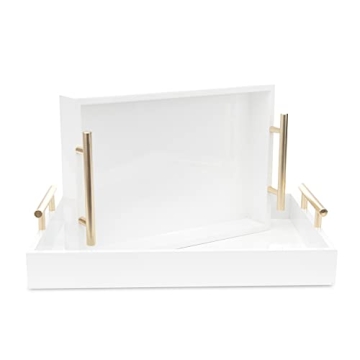 2 Pack Nesting Decorative Trays - Ottoman Serving Tray with Polished Handles & Glossy Finish - for L...