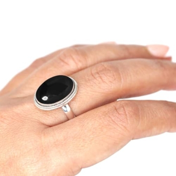 JEWELOPORIUM Black Onyx Silver Ring Size 8.5, 925 Sterling Silver Ring for Women, Genuine Chunky Ova...