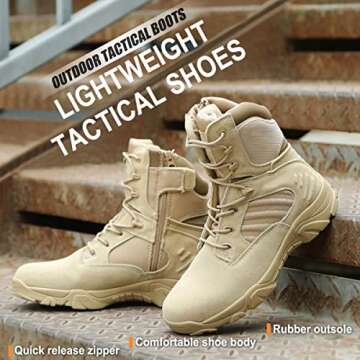 RORUN 8 Inch Tactical Combat Beige Boots for Men and Women, Side Zipper Military Work Boots, Non-Sli...