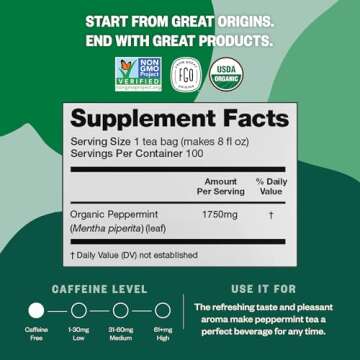 FGO Organic Peppermint Tea, 100 Count, Eco-Conscious Tea Bags, Caffeine Free, Packaging May Vary (Pack of 1)
