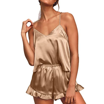 CHYRII Women's Sexy Ruffled Racerback Pajamas Sets Satin Silk Cami Shorts Sets Sleepwear Tan S