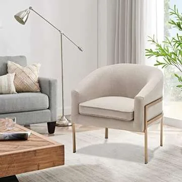 Aklaus Modern Accent Chair,Beige Accent Chair with Removable Thickened Seat Cushion for Living Room Bedroom Office Reading Midcentury Modern Accent Chair with Gold Metal Legs