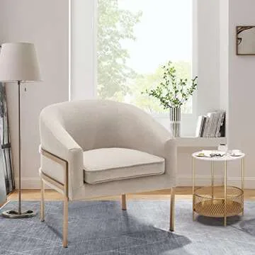 Aklaus Modern Accent Chair,Beige Accent Chair with Removable Thickened Seat Cushion for Living Room Bedroom Office Reading Midcentury Modern Accent Chair with Gold Metal Legs