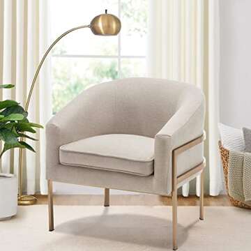 Aklaus Modern Accent Chair,Beige Accent Chair with Removable Thickened Seat Cushion for Living Room Bedroom Office Reading Midcentury Modern Accent Chair with Gold Metal Legs
