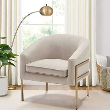Aklaus Modern Accent Chair,Beige Accent Chair with Removable Thickened Seat Cushion for Living Room Bedroom Office Reading Midcentury Modern Accent Chair with Gold Metal Legs
