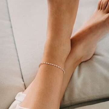 MEVECCO Anklet for Women Gold Chain Zirconia Cut Diamond 14K Gold Plated Dainty Chain Boho Beach Sum...