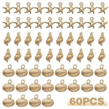 60pcs Gold Plated Shell Starfish Conch Charms Alloy Ocean Theme Pendants Sea Animals Dangle Charms f...