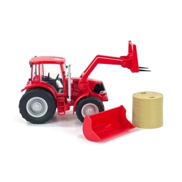 Big Country Toys Red Tractor & Implements, 1:20 Scale, Toy Tractor with Hay Bale and Bucket Attachme...