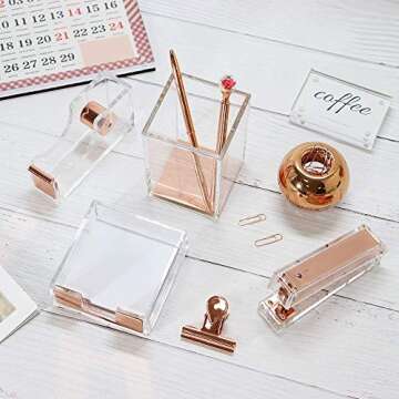 Clear Rose Gold Acrylic Desk Accessories Organizer Set, Tape Dispenser, Stapler 24/6 Staples, Sticky...