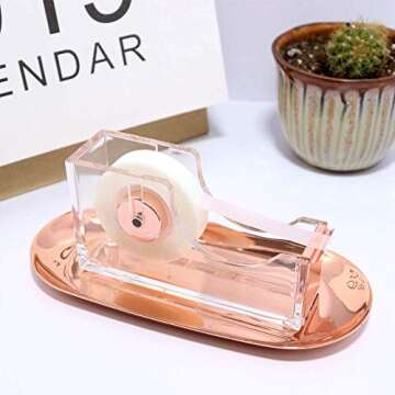 Clear Rose Gold Acrylic Desk Accessories Organizer Set, Tape Dispenser, Stapler 24/6 Staples, Sticky Notes Holder, Magnetic Paper Clips Holder, Pen Pencil Holder, Office Supplies Stationery(Rose Gold）