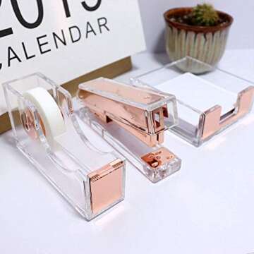 Clear Rose Gold Acrylic Desk Accessories Organizer Set, Tape Dispenser, Stapler 24/6 Staples, Sticky Notes Holder, Magnetic Paper Clips Holder, Pen Pencil Holder, Office Supplies Stationery(Rose Gold）