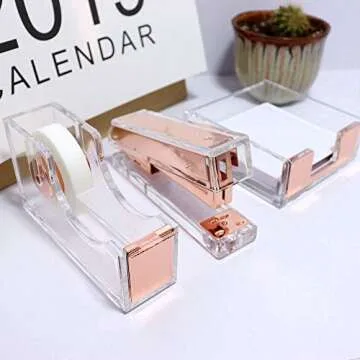 Clear Rose Gold Acrylic Desk Accessories Organizer Set, Tape Dispenser, Stapler 24/6 Staples, Sticky Notes Holder, Magnetic Paper Clips Holder, Pen Pencil Holder, Office Supplies Stationery(Rose Gold）