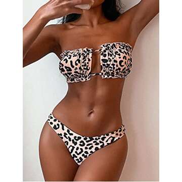 ZAFUL Women's Strapless Bikini Ribbed Tie Back Ruffle Cutout Bandeau Bikini Set Swimsuit (P-Leopard,...