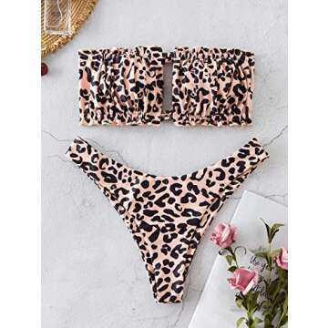 ZAFUL Women's Strapless Bikini Ribbed Tie Back Ruffle Cutout Bandeau Bikini Set Swimsuit (P-Leopard, S)