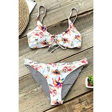 CUPSHE Women's Reversible Lace Up Bikini Sets Floral and Striped Medium